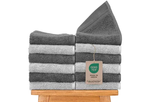 Hausfelder Handtücher Gästehandtücher Farbmix 12er Set, 50x30cm, Farbe: Grau/Hellgrau, Frottier (12-St), Mit Aufhängeschlaufen, 100% Baumwolle, weich, saugfähig, Uni-Farben