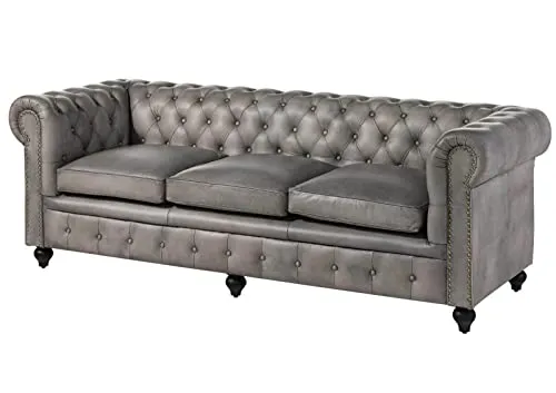 Chesterfield Sofa 3-Sitzer aus Echtleder - Grau - Sofas & Couches: Hochwertiges Chesterfield Sofa aus echtem Büffel-Leder mit edlem Design und hohem Sitzkomfort für ein stilvolles Wohnzimmer.