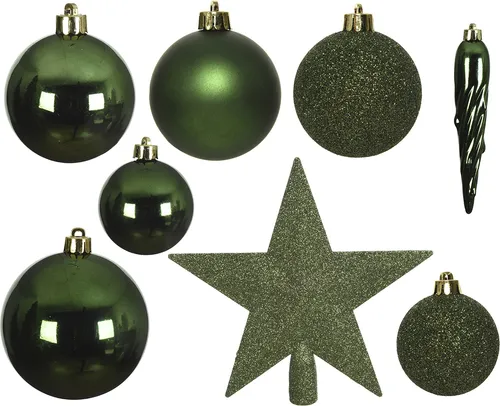 Weihnachtskugeln mit Christbaumstern Kunststoff 33er Set - Piniengrün