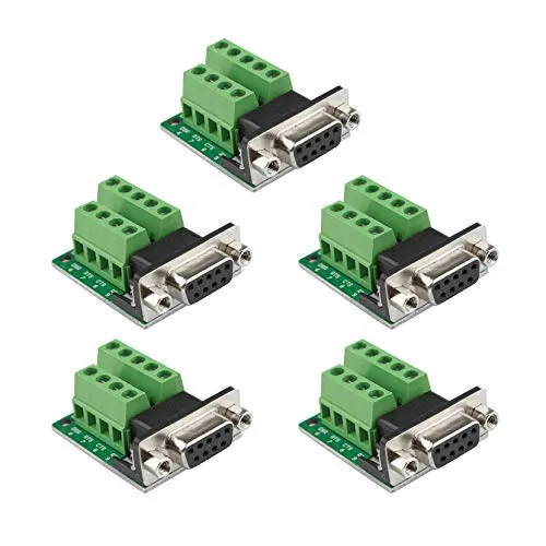 Futheda D-Sub DB9 Schnittstellen-Breakout-Board-Stecker, 9-polig, 2-reihig, weiblich, RS-232, serieller Anschluss, lötfrei, Terminal-Block-Adapter mit Positionierungsmuttern, 5 Stück