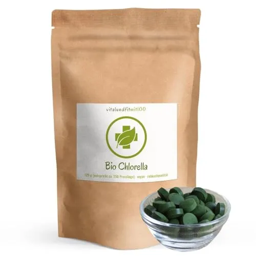 Bio Chlorella Presslinge à 500 mg - (ca. 250 Stück à 500 mg) - Naturprodukt vegan, rein, gentechnikfrei - ohne Zusatzstoffe - Hergestellt in DE