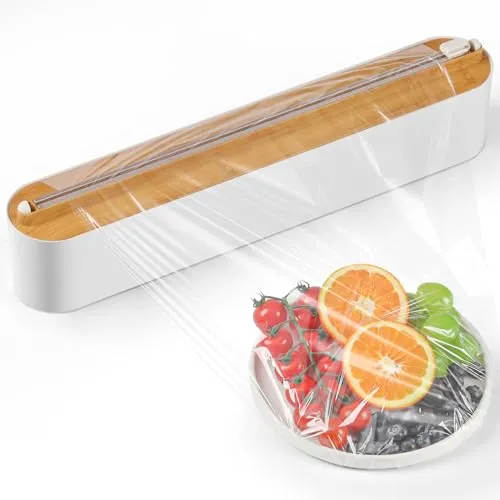 Quasziwa Frischhaltefolienspender - Magnetisch & Wandmontage Ohne Bohren, Verbessert Folienspender Schublade für Küche - Saubere Schnitte, Folienschneider Mit 50m Frischhaltefolie, Bambus-Stil