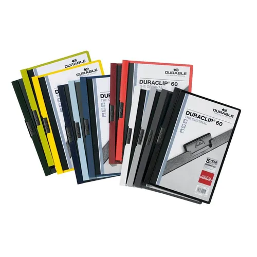 DURABLE Klemmhefter DURACLIP farbsortiert 25  - Klemmhefter in 5 Farben (rot, weiß, anthrazit, hellblau, dunkelgrün) für DIN A4, ideal für eine übersichtliche und farbenfrohe Dokumentenorganisation.