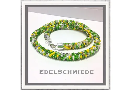 Halskette gehäkelt mit Glasperlen 925 Silber bunt 46cm