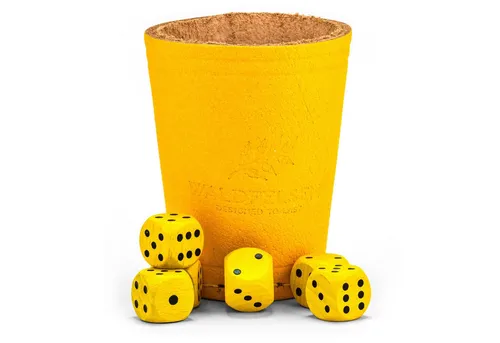Waldfelsen Spiel – Echtleder Würfelbecher (9 cm) mit 6 Würfeln (16 mm) aus Buchenholz, Würfelspiel, Verschiedene Farben