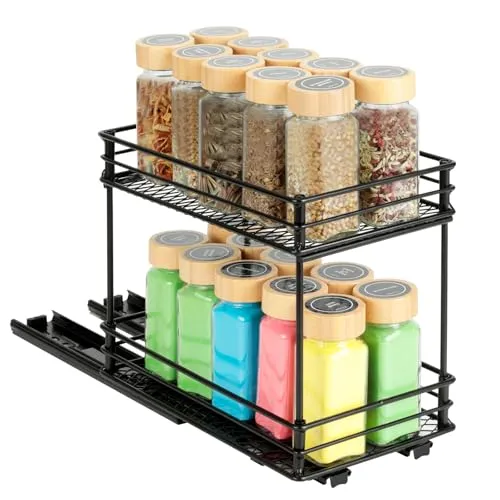 Cozary Gewürzregal Ausziehbar-Doppelter Gewürz Organisator–Gewürzständer mit Schublade & Belüftung, Küchenschrank Organizer, 2 Montagearten (26 * 15 * 21.8cm)