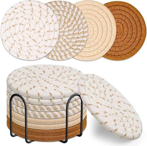 Handgemachte Baumwolle Getränkeuntersetzer 8er Set mit Halter - Braun - Stilvolle und praktische Untersetzer aus hochwertiger Baumwolle, ideal für jeden Tisch. Schützen Sie Ihre Oberflächen mit diesem eleganten 8er Set.
