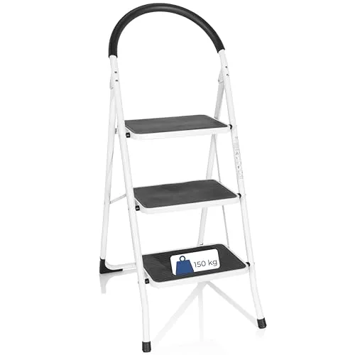 hjh OFFICE 801201 Klappleiter 3 Stufen SOLID W2 - Robuste Klappleiter für Büro und Haushalt, bis 150 kg belastbar; mit rutschsicheren Trittflächen und platzsparendem Klappdesign für einfachen Zugriff auf hohe Stellen.