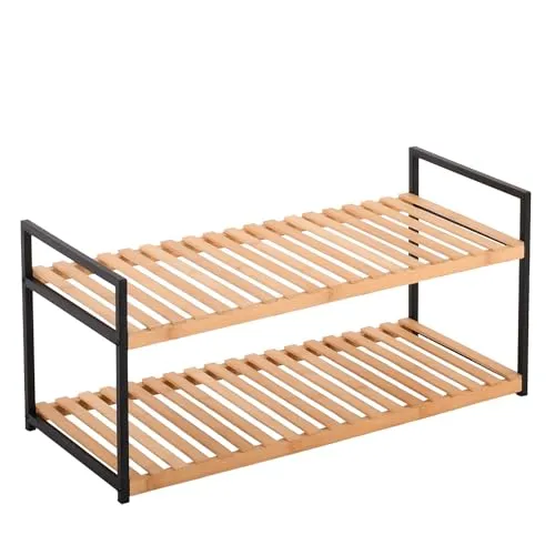 Raburg Schuhregal & Schuhablage, Bambus, 2 Böden, Metallrahmen Schwarz, Schuhregal aus Holz & Aufbewahrungsregal für Flur, Schlafzimmer oder Bad Kava