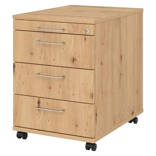 bümö Rollcontainer aus Holz in Asteiche - Aktenschrank mit abschließbaren Schubladen, platzsparend und ideal für Büroorganisation, vormontiert für schnellen Einsatz.