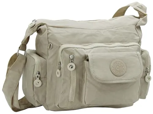 CF CATTERFELD Umhängetasche - Leichte Damen Schultertasche aus Nylon, Beige - Umhängetaschen: Sehr leichte und praktische Freizeittasche mit mehreren Fächern, ideal für den Alltag und unterwegs.