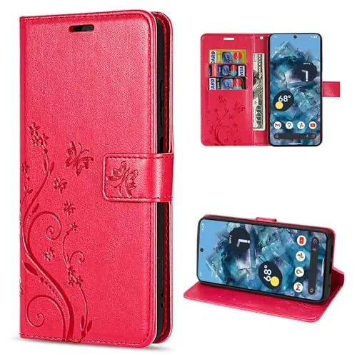 Hülle Kompatibel mit Google Pixel 8A | Premium PU Leder Handyhülle Wallet Case für Pixel 8A | Schutzhülle Blumen Klapphülle Handyhülle | Rot