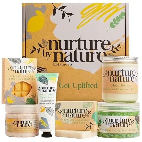 Nurture by Nature, Entspannung & Uplift, Verwöhnkörbe für Frauen, Spa-Badeset, Badesalz, Aromatherapie, Seife, Badekugeln, Kerze & mehr, Geburtstagsgeschenk