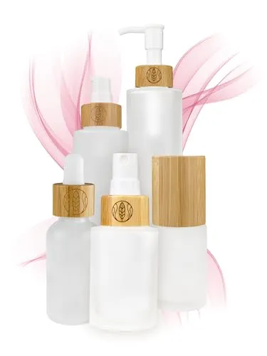 Leere Sprühflasche Glas 30 ml mit Bambusverschluss und Gravur, 5 Stück, Sprayflasche zum Befüllen mit Sprühkopf extra feine Vernebelung Deiner DIY-Naturkosmetik, Sprühkopfbehälter Haare