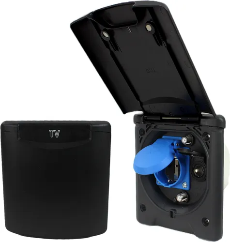 ABL Multifunktions Außensteckdose für Wohnmobile und Wohnwagen - Praktische Außensteckdose in schwarz mit 220V/230V und 12V Anschlüssen. Ideal für den Einsatz im Freien, witterungsbeständig und mit klappbarem Deckel für einfachen Zugriff.