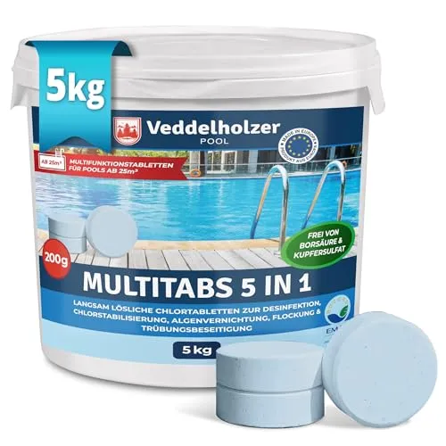 Veddelholzer 5 kg Multitabs 5 in 1 für große Pools - Chlor für Pools ab 25m³ mit 5 in 1 Wirkung: desinfiziert, stabilisiert und bekämpft Algen. Langsam löslich für langanhaltende Chlorung ohne Rückstände.