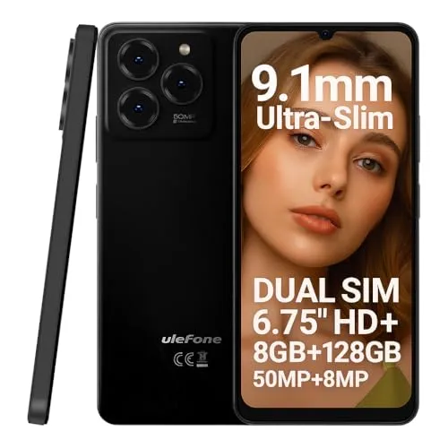 Ulefone Android 14 Handy ohne Vertrag Note 20 PRO, 6,75'' HD+ Großbildschirm, 8GB RAM + 128GB ROM, 50MP+8MP+2MP, DUAL-SIM Smartphone, 6000mAh Akku, Fingerabdruck + Gesichtserkennung, GPS, Schwarz
