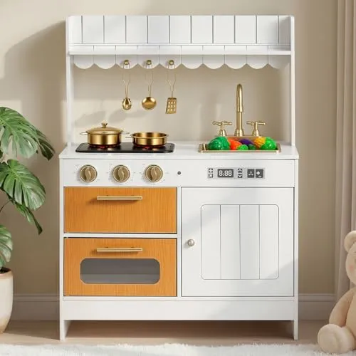 Produktbild VEVOR Spielküche für Kinder, Realistische Kinderküche aus Holz mit Licht & Sound, Holzküche mit Herd Backofen Spüle Mikrowelle Schrank, Küchenspielzeug mit Kochset für Kinder von 3-8 Jahren, Beige
