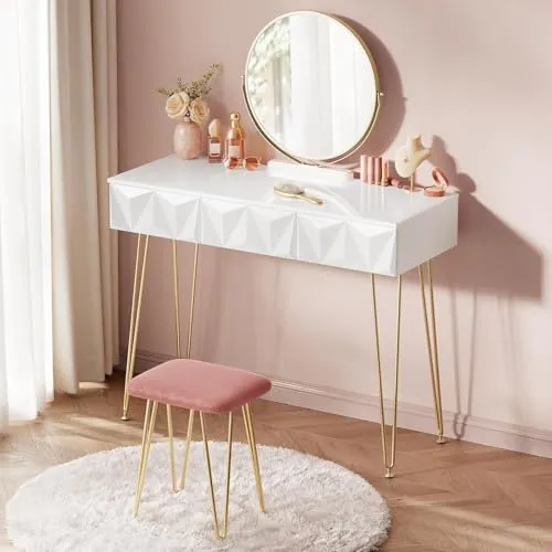 EUGAD Schminktisch mit Hocker und Spiegel - 360° schwenkbar, Weiß und Gold - Eleganter Schminktisch mit schwenkbarem Spiegel und Samthocker. 3 geräumige Schubladen bieten viel Platz für Kosmetika und sorgen für Ordnung.