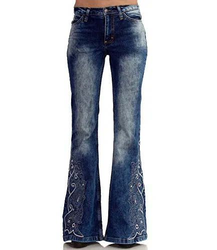 COMYCOM Hippie Jeans Schlaghose mit besticktem Schlag 36/32 - Schicke Schlagjeans im Bohemian Style mit einzigartiger Stickerei, ideal für den 70er Jahre Look. Der Elasthananteil sorgt für eine perfekte Passform. Perfekt für dein Boho Outfit und besondere Anlässe!