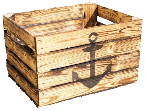 Kistenkolli Altes Land Allzweckkiste Holzkiste „Johanna“, geflammt mit Anker-Motiv, Vintage-Look, original (Spar-Set, 1er Set)