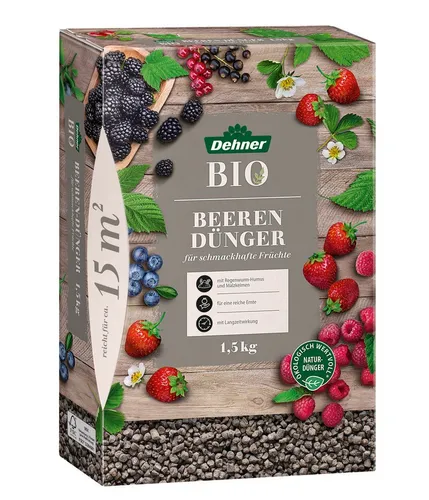 Dehner Bio Beerendünger 1,5 kg - Organischer NPK-Dünger für Beerenpflanzen mit natürlicher Langzeitwirkung. Fördert das Bodenleben und unterstützt das Wachstum für eine reiche Ernte auf bis zu 15 qm.