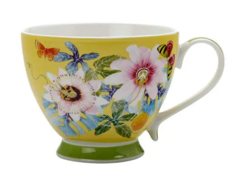 Maxwell & Williams Exotica Teetasse, Frangipani Green Print, in Geschenkbox, grün/rot, Porzellan, porzellan, Passionsfrucht Gelb, 400 ml