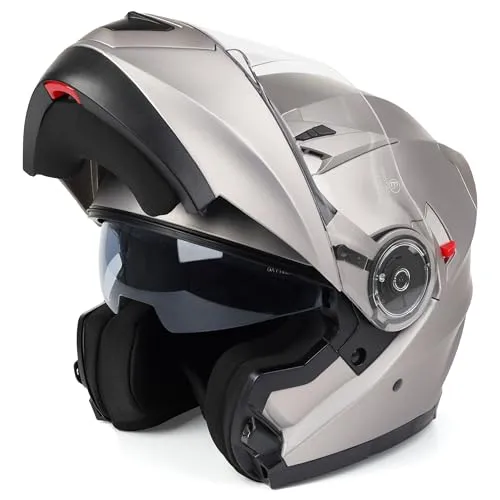 Klapphelm mit Doppelvisier, Motorradhelm Klappbar, Mopedhelm ECE 22.06 Zertifiziert für Herren und Damen, Grau in Gr. XS-XL (L)