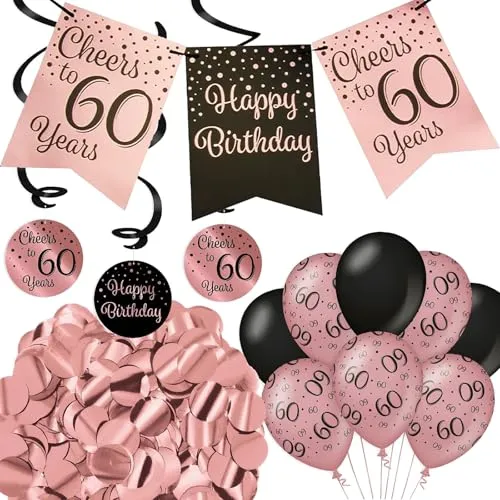 Carpeta 112-tlg. Partyset * 60. Geburtstag * mit Rosegold Deko: Girlande + Rotorspiralen + Luftballons + Konfetti Premium-Qualität | Rose Gold Dekoset Dekobox
