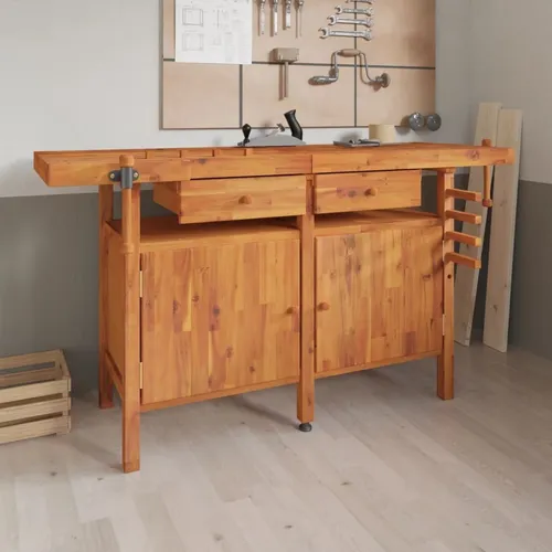 The Living Store Werkbank mit Schubladen Schraubstöcken 162x62x83 cm Akazienholz