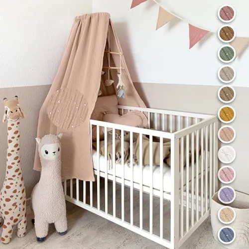 lilimaus Betthimmel Babybett mit Goldapplikationen – 100% Baumwolle Musselin in 12 Farben - Baby Betthimmel & Himmelstangen – Handgenäht aus atmungsaktivem Musselin, perfekt für eine kuschelige Schlafumgebung. Flexibel anbringbar und waschbar bei 30°C, ideal für jedes Babyzimmer.