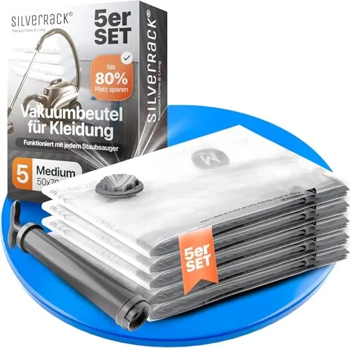 SilverRack Vakuumbeutel für Kleidung [5 Stück] Medium (50x70 cm) - INKL. HANDPUMPE u. ETIKETTEN - Vakuumierbeutel Kleidung, Kissen und Jacken - Kompressionsbeutel Vacuum