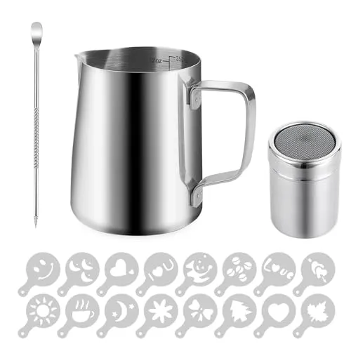350ml Milchkännchen aus Edelstahl, Milchschaumkanne mit Messskala und Latte-Art-Zubehör, Edelstahl Puderzuckerstreuer ideal für Barista Cappuccino, Latte, langlebig und leicht zu reinigen
