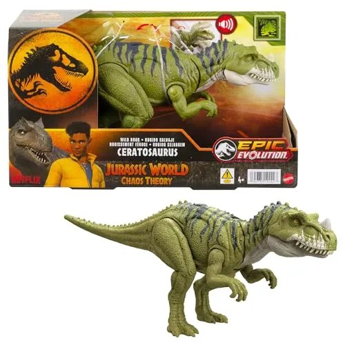 Mattel HTK74 - Jurassic World Wild Roar Ceratosaurus mit Sound - Spielzeugfiguren, erlebe spannende Abenteuer mit dem beweglichen Ceratosaurus und seinen realistischen Brüllgeräuschen – ideal für Dinosaurierfans ab 4 Jahren!