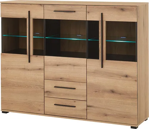 Lomadox Wohnzimmer-Set COLORADO-61 – 4-teiliges Mega-Spar-Set mit LED-Beleuchtung - 4-teiliges Wohnset in Eiche mit Vitrine, Highboard und Kommode. Mit LED-Glasbodenbeleuchtung für stimmungsvolle Akzente und Softclose-Schubladen für leises Schließen. Ideal für ein modernes und einladendes Zuhause.