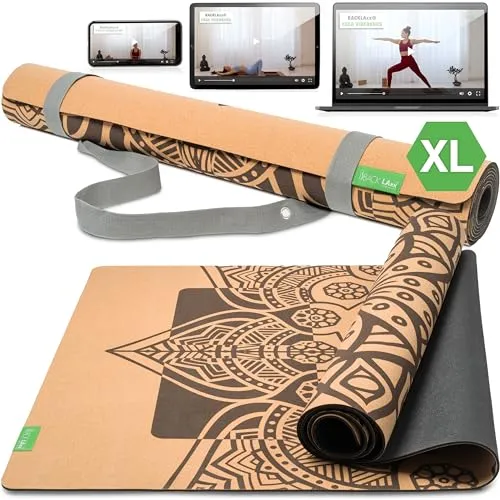 BACKLAXX ® Yogamatte Kork XXL - Nachhaltige Fitnessmatte mit Anti-Rutsch-Zonen - Sportmatten aus 100% natürlichem Kork und Naturkautschuk, bieten optimalen Grip und extra Polsterung für Hüften und Knie. Inklusive Tragegurt und Zugang zu exklusiven Yogaflows.