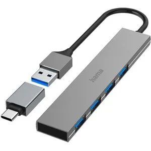 Hama USB-Hub 4 Ports - Ultra Slim USB-A & USB-C Adapter mit 4x USB-A Buchsen für schnelle Datenübertragung bis 5 Gbit/s, ideal für Notebook und MacBook