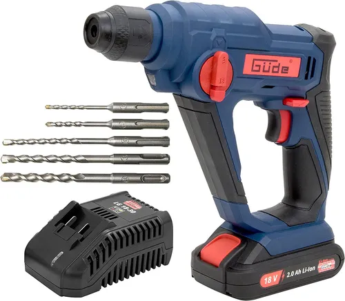 Güde 58508 BH 18-201-30K Akku Bohrhammer - Bohrmaschinen mit 18V E³ Akkusystem, inkl. 2.0Ah Li-Ionen Batterie und 5x SDS Plus Bohrer, ideal für vielseitige Anwendungen mit hohem Arbeitskomfort dank leichtem Design und hellem LED-Arbeitslicht.