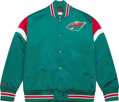 Mitchell & Ness Minnesota Wild Heavyweight Satin Jacket – Stylische Collegejacke - Hochwertige Collegejacke für Basketball-Fans, aus Baumwollmischung gefertigt. Ideal für Freizeitaktivitäten und bietet einen lässigen Look in verschiedenen Größen.