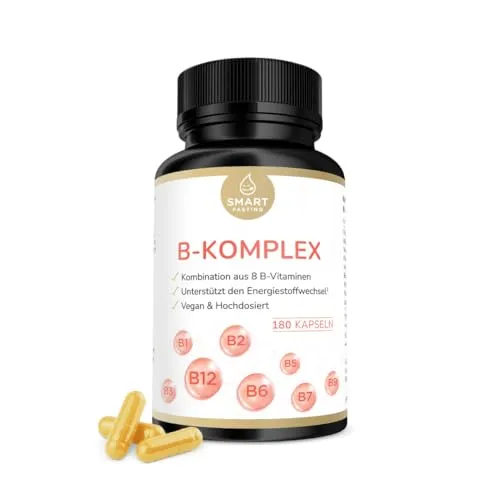 Veganer Vitamin B Komplex - 8 B-Vitamine hochdosiert - 180 Kapseln - Hochdosierter veganer Vitamin B Komplex mit 8 B-Vitaminen in 180 Kapseln. Ideal für eine ausgewogene Ernährung und zur Unterstützung des Energiestoffwechsels. Hergestellt in Deutschland und glutenfrei.