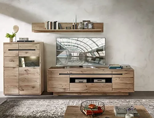 Stella Trading BELLANO Wohnwand Komplett-Set - Wohnwände in Viking Eiche Optik mit LED-Beleuchtung für ein modernes Wohnzimmerambiente und großzügigen Stauraum. Ideal für stilvolle Einrichtung.