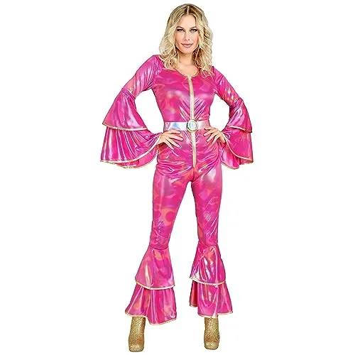 W WIDMANN MILANO 70er Jahre Disco Kostüm - Dancing Queen Overall - Kostüm-Outfits für Erwachsene, sexy Dancing Queen Overall in leuchtendem Pink mit praktischem Reißverschluss und silberglänzendem Gürtel für den perfekten Disco-Look.