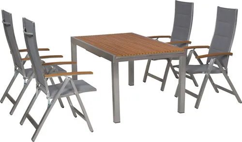 MERXX Garten-Essgruppe San Remo, 5-tlg. mit Klappsesseln und Ausziehtisch - Genießen Sie stilvolle Momente im Freien mit der 5-tlg. San Remo Gartenmöbelset. Inkl. 4 Klappsesseln mit verstellbaren Rückenlehnen und einem ausziehbaren Tisch für flexible Gästeanzahl. Hochwertige Materialien sorgen für Langlebigkeit und Komfort.