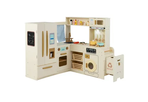 COSTWAY Spielküche Holz, Eck-Spielküche mit Doppeltür-Kühlschrank, Mikrowelle