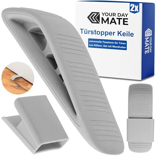 Türstopper Keile mit Halter, 2 Pack, in Grau, aus Silikon, flexibel und rutschfest, Türpuffer für drinnen und draussen, Bodenstopper Wandschutz, Türfeststeller Keilform, Halterung Tür Stopper Keil Set