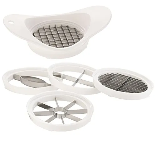 Rosenstein & Söhne Obstschneider: 5in1-Obst- und Gemüseschneider mit auswechselbaren Klingen-Einsätzen (Apfelteiler, Pommes-Schneider, Allesschneider)