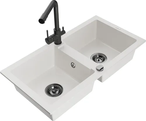 Produktbild Mexen Mario 2-Becken-Granitspüle mit Mischbatterie Duero, Weiß