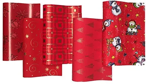 HRB Geschenkpapier Weihnachten - 5 Rollen à 2,00 x 0,70m, Verschiedene Motive - Weihnachtspapier jede Rolle foliert, Weihnachtsgeschenkpapier Ideal für Festliche Anlässe (Rot)