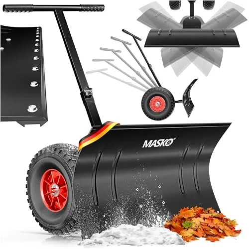MASKO Schneeschaufel auf Rädern - höhenverstellbar, rückenschonender Schneeschieber mit 75 cm Arbeitsbreite, platzsparend zusammenklappbar und ideal für große Schneeflächen