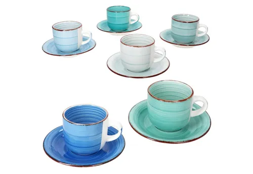 MamboCat Becher 6er Set Blue Cappuccinotassen mit Untertassen - Thermobehälter für 6 Personen, 200ml Steingut, ideal für stilvolle Kaffeepausen mit Freunden oder Familie.